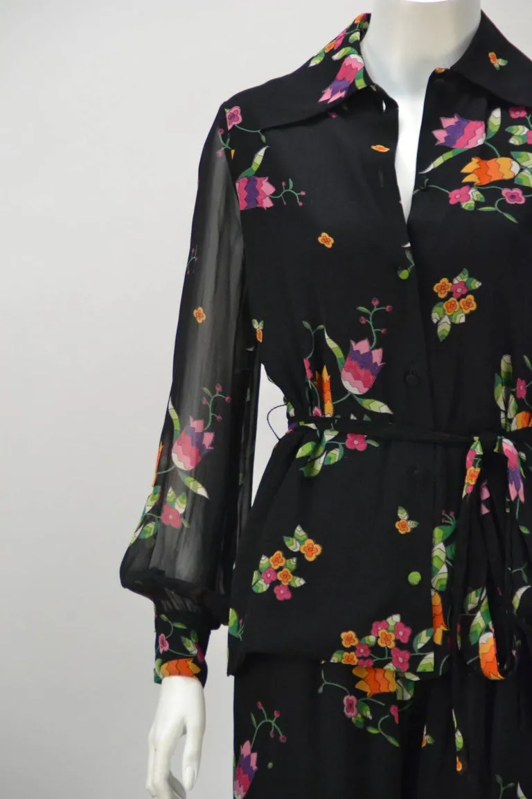 1970s Malcolm Starr Floral Print Blouse Pant Ensemble