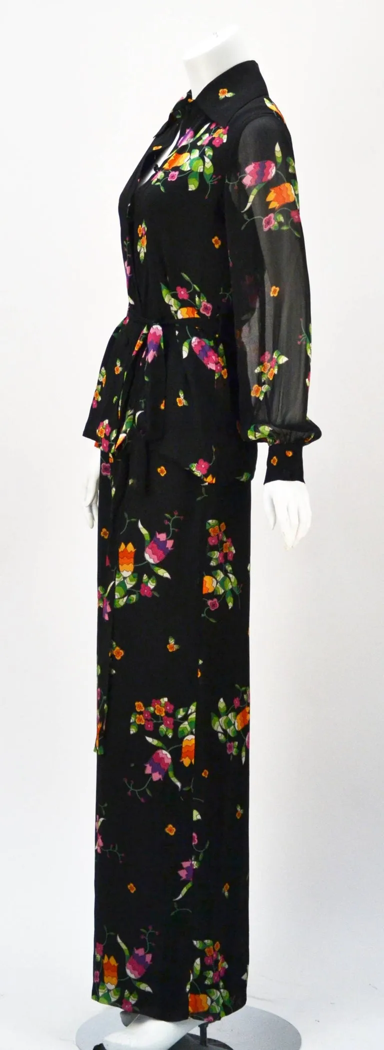 1970s Malcolm Starr Floral Print Blouse Pant Ensemble