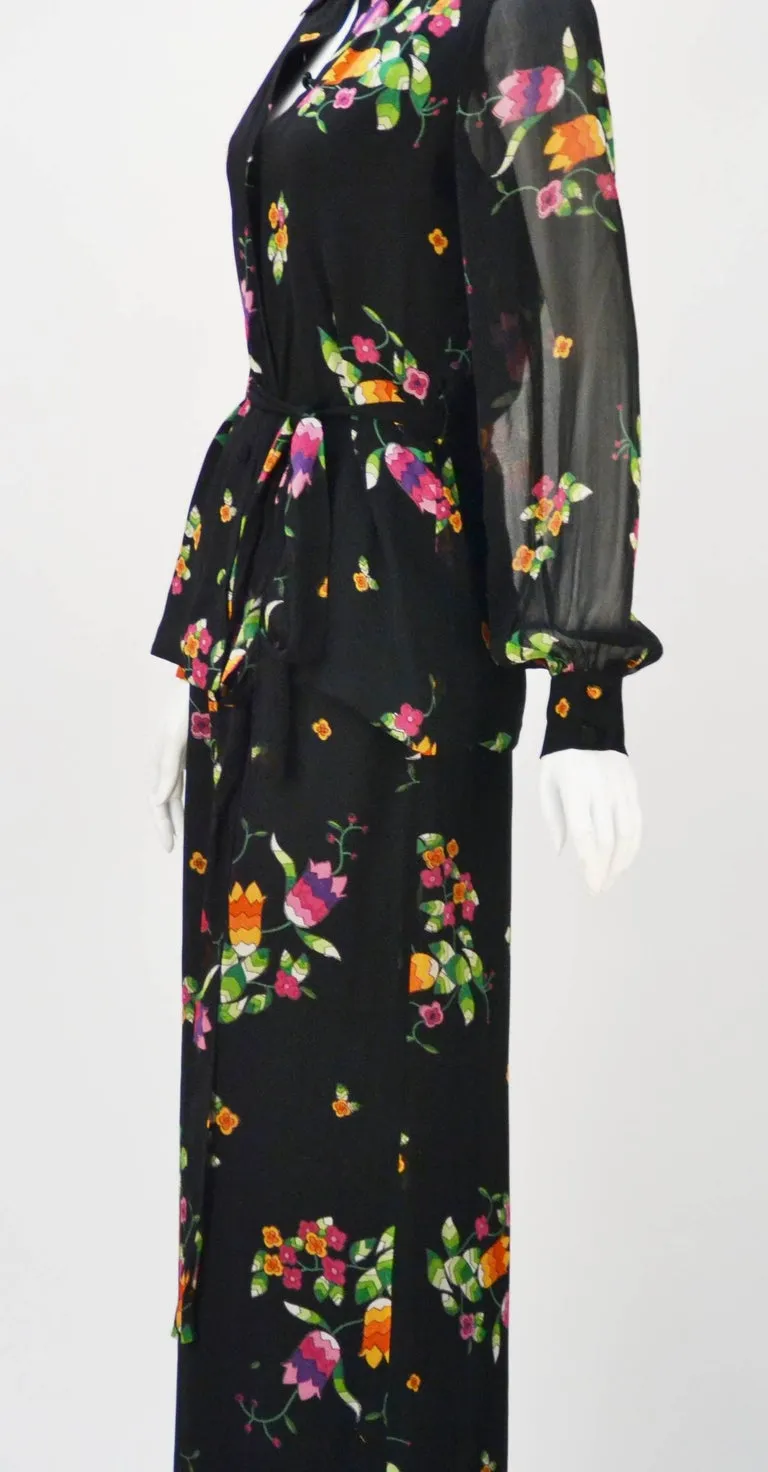 1970s Malcolm Starr Floral Print Blouse Pant Ensemble