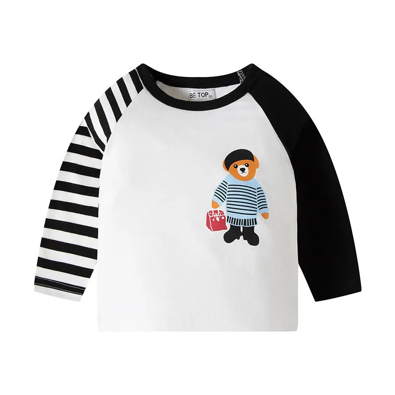 2-Pack Toddler Boy Cartoon Bear Long Sleeve Striped 100% Cotton T-Shirt