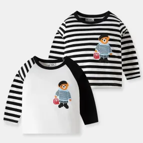 2-Pack Toddler Boy Cartoon Bear Long Sleeve Striped 100% Cotton T-Shirt