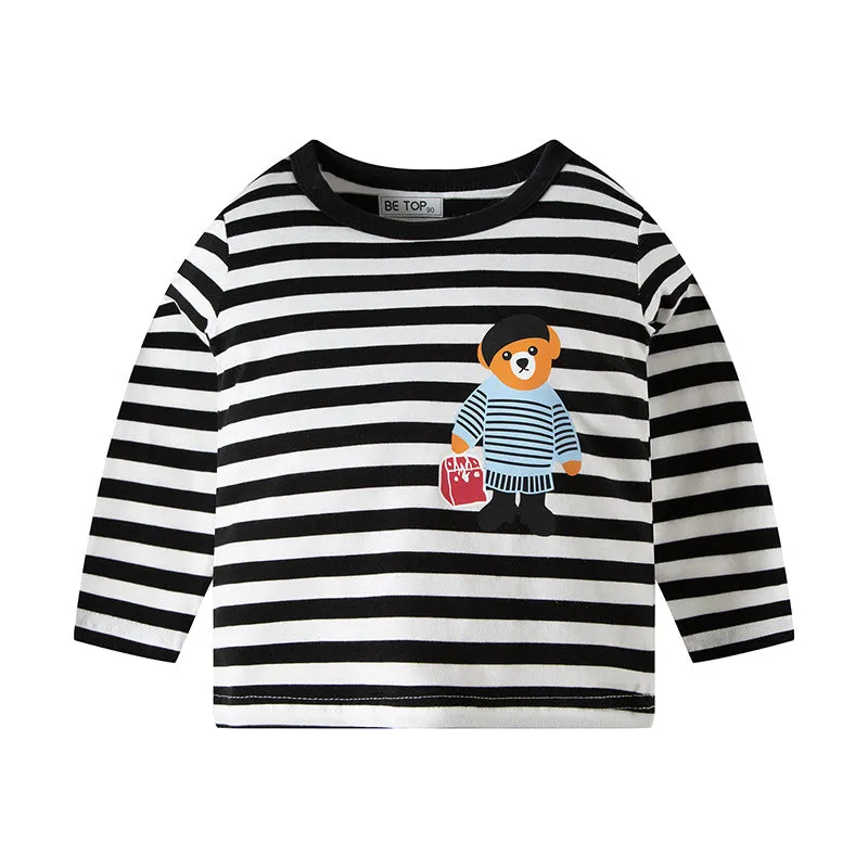 2-Pack Toddler Boy Cartoon Bear Long Sleeve Striped 100% Cotton T-Shirt
