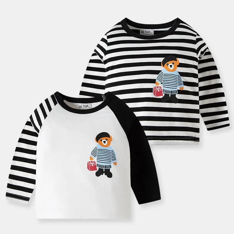 2-Pack Toddler Boy Cartoon Bear Long Sleeve Striped 100% Cotton T-Shirt