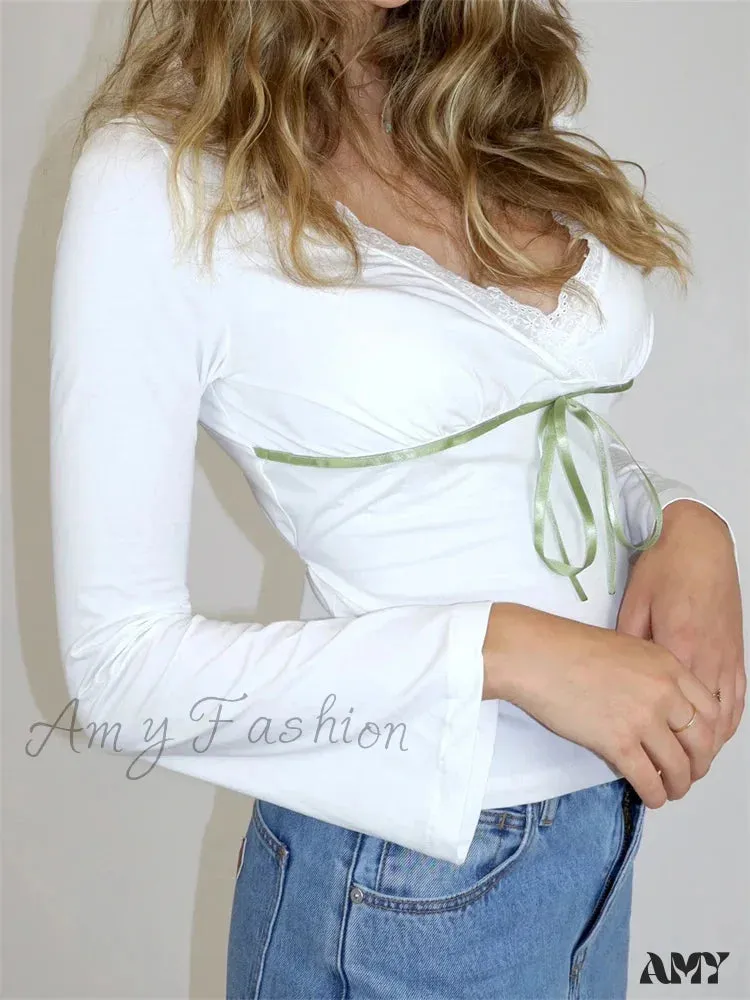 Amy Fashion - Spring Autumn Slim Fit Long Flare Sleeve V Neck Lace Patchwork T-shirts