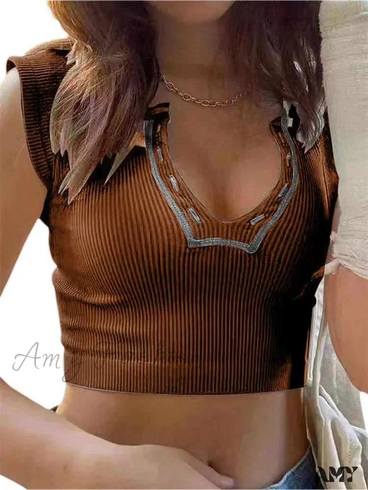 Amy Fashion - Vintage Short Sleeve Crop Tops V Neck Solid Color Slim Fit T-shirts