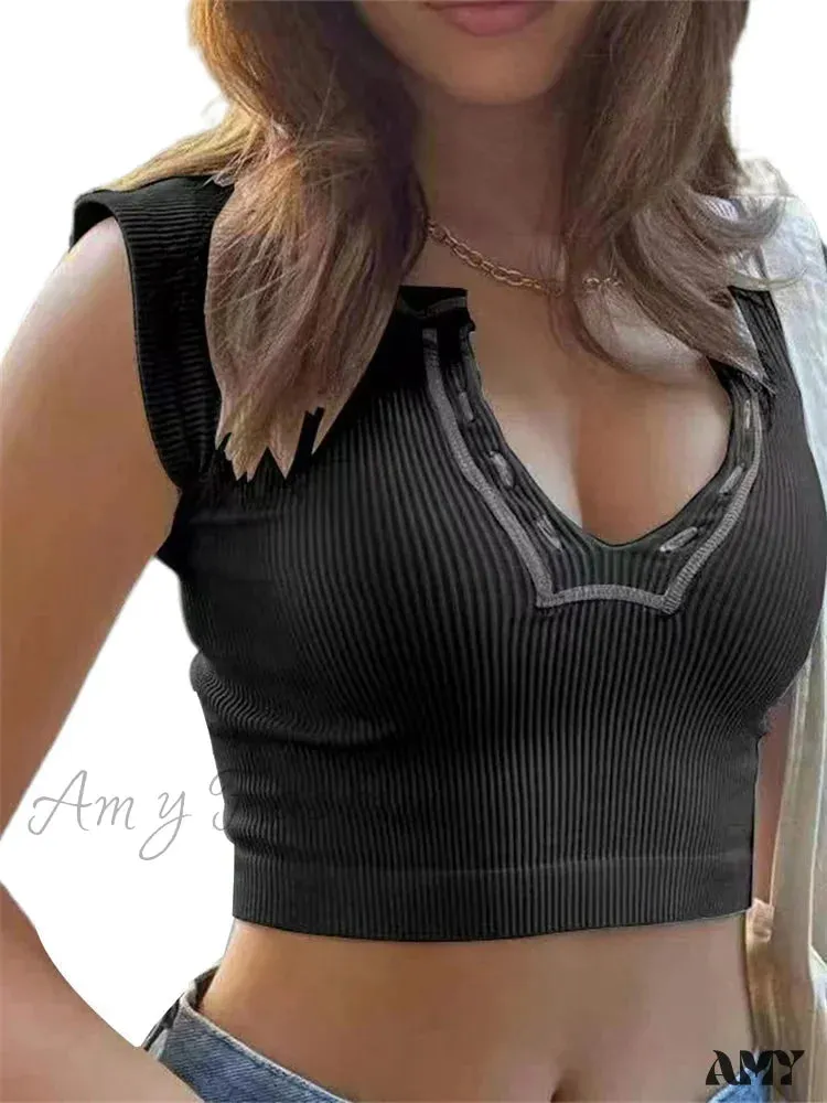 Amy Fashion - Vintage Short Sleeve Crop Tops V Neck Solid Color Slim Fit T-shirts