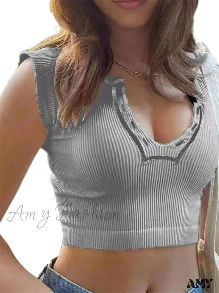 Amy Fashion - Vintage Short Sleeve Crop Tops V Neck Solid Color Slim Fit T-shirts