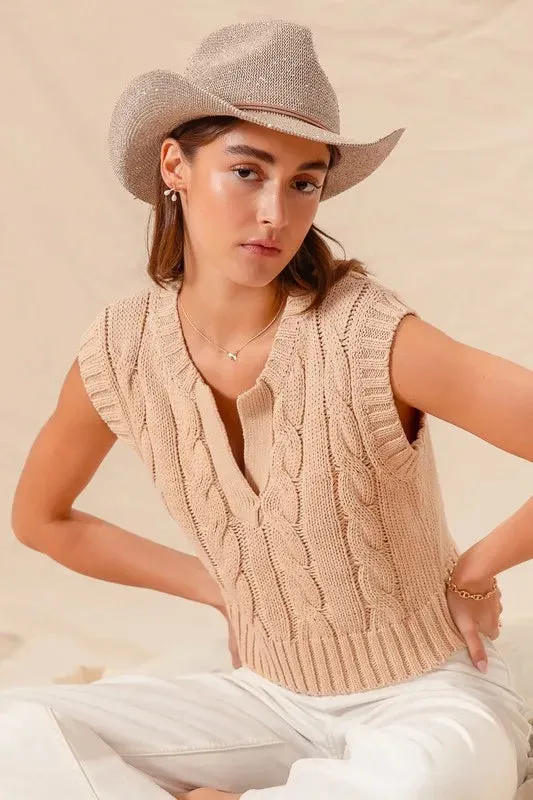 Beige Cable Knit Notched Neck Sweater Vest