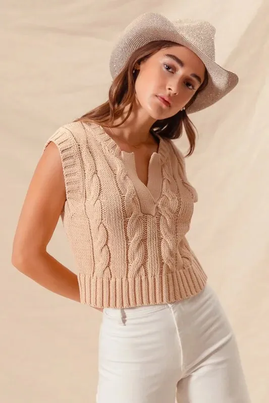 Beige Cable Knit Notched Neck Sweater Vest