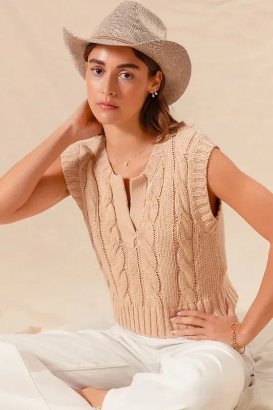 Beige Cable Knit Notched Neck Sweater Vest