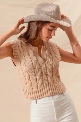 Beige Cable Knit Notched Neck Sweater Vest