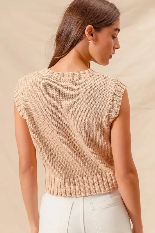 Beige Cable Knit Notched Neck Sweater Vest