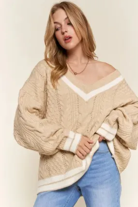 Beige Cable Knit V-Neck Casual Sweater
