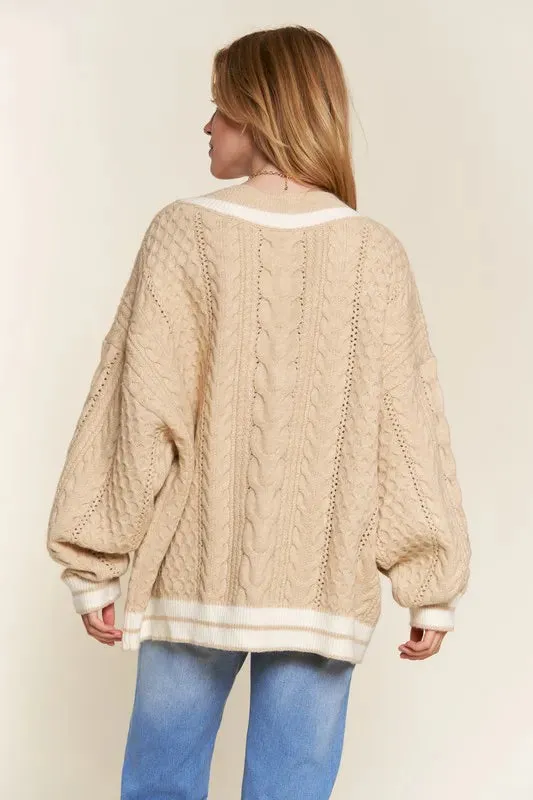 Beige Cable Knit V-Neck Casual Sweater