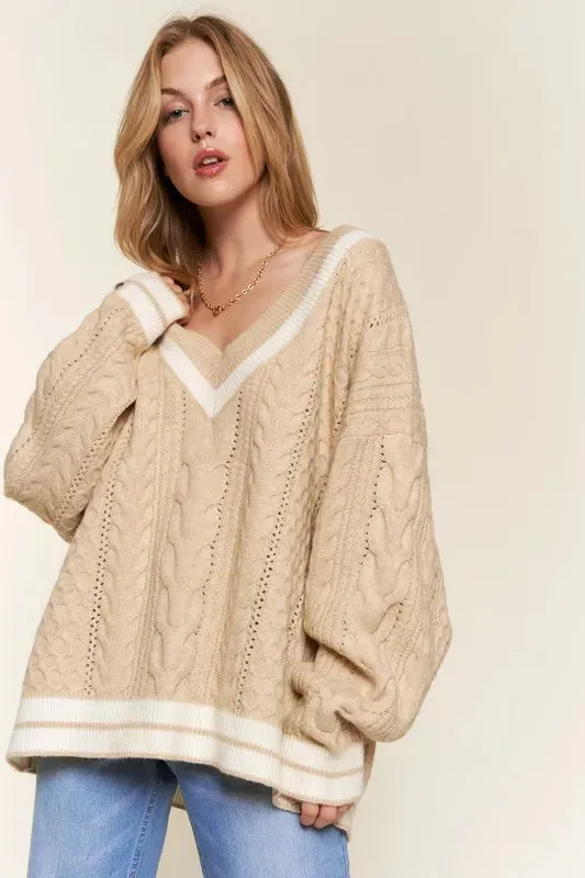 Beige Cable Knit V-Neck Casual Sweater