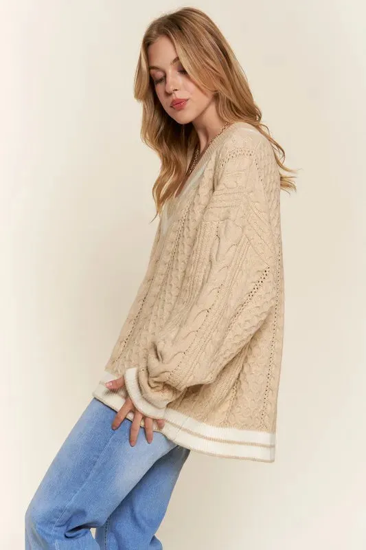 Beige Cable Knit V-Neck Casual Sweater