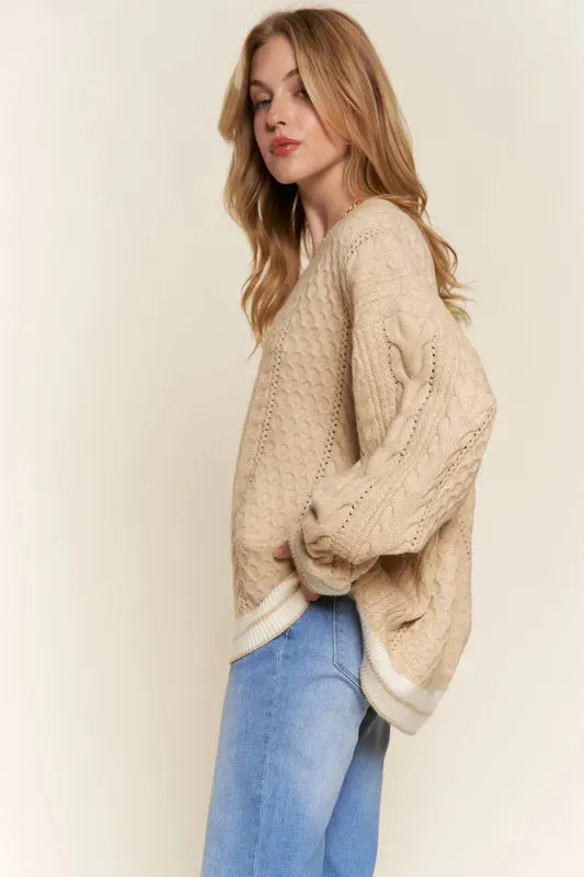 Beige Cable Knit V-Neck Casual Sweater