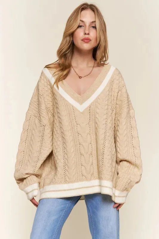 Beige Cable Knit V-Neck Casual Sweater