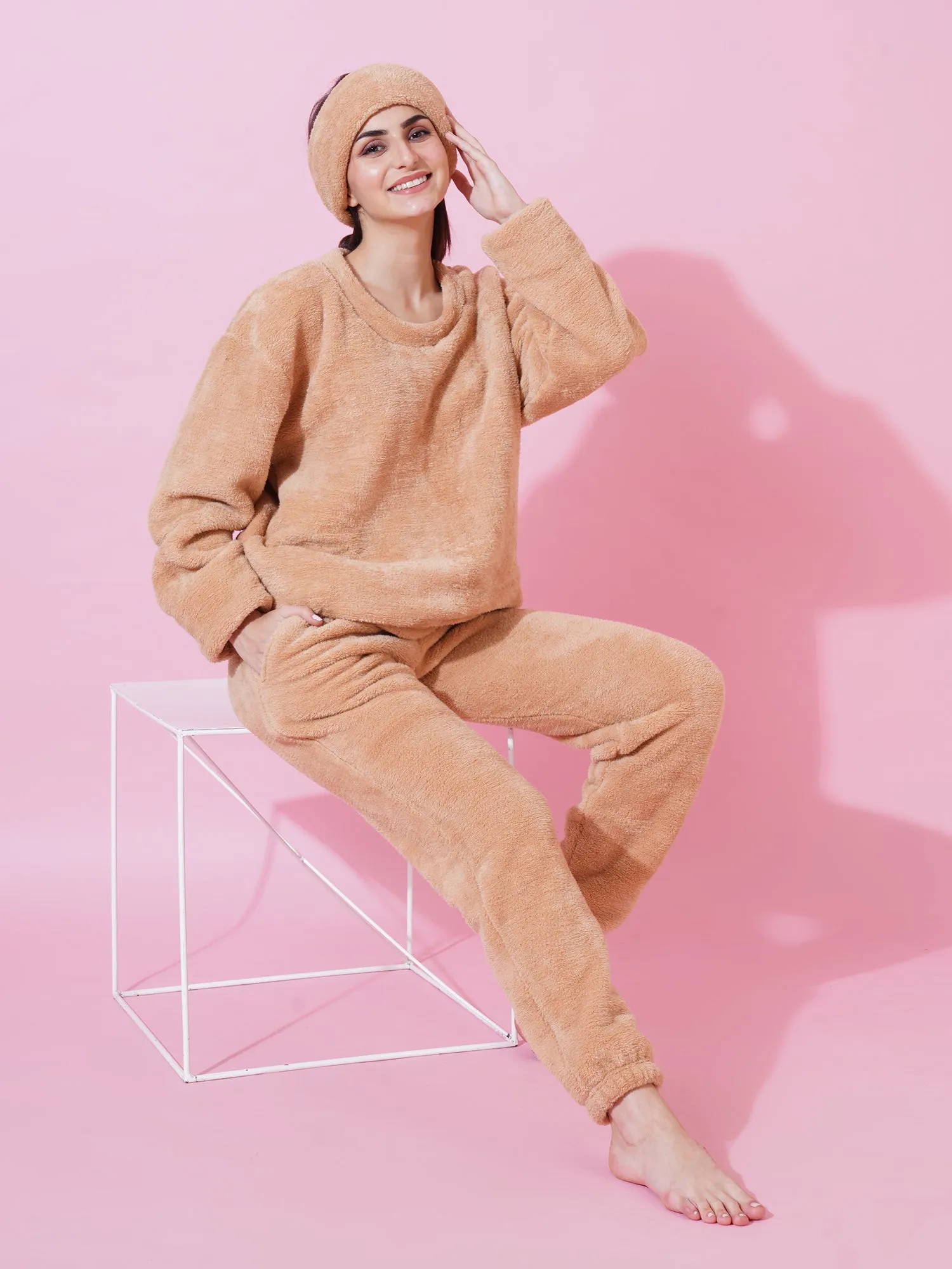 Beige Teddy Winter-Wear Set