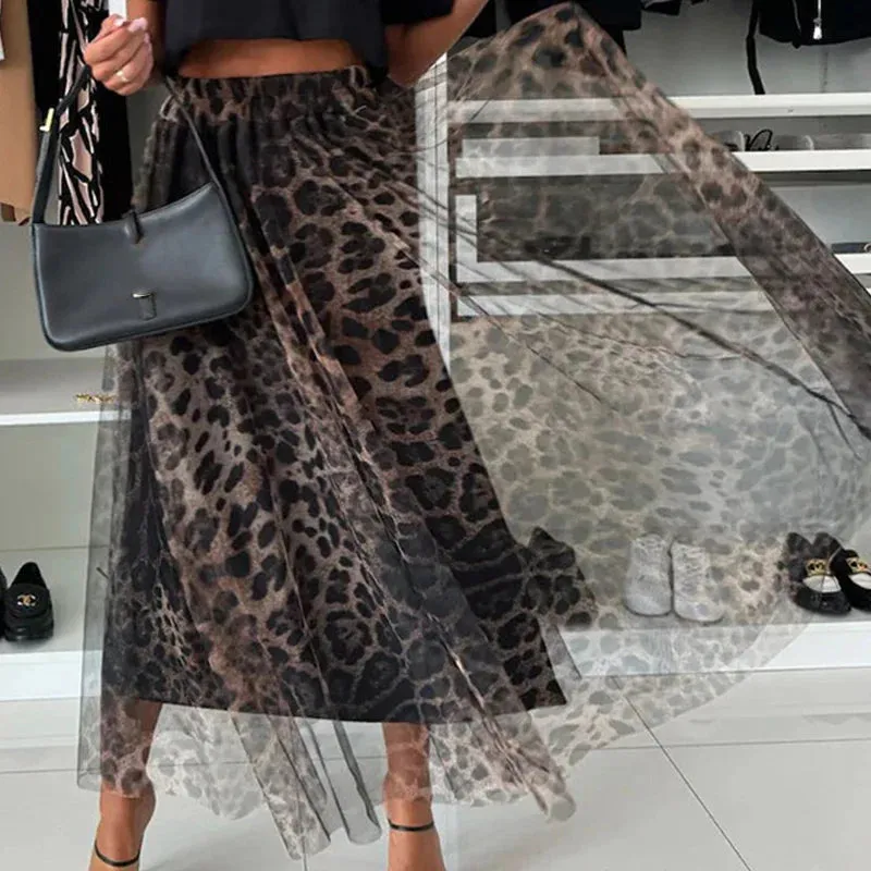 binfenxie  -  Women's Fashion Club Party Slim Half Skirts New Autumn Leopard Print Pleated Skirts Elegant Elastic High Waist Mesh Long Skirt