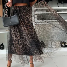 binfenxie  -  Women's Fashion Club Party Slim Half Skirts New Autumn Leopard Print Pleated Skirts Elegant Elastic High Waist Mesh Long Skirt
