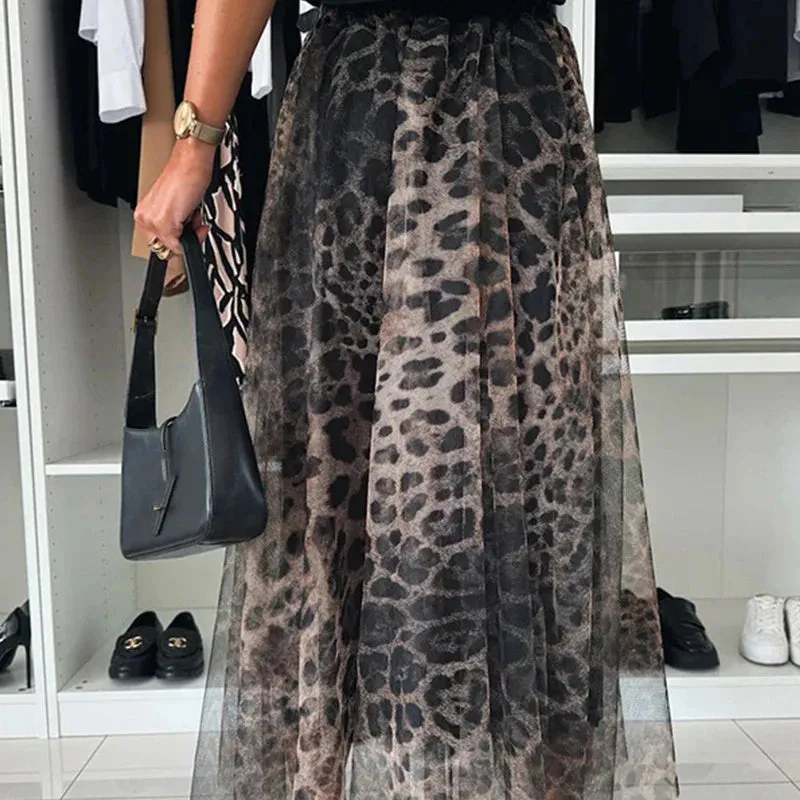 binfenxie  -  Women's Fashion Club Party Slim Half Skirts New Autumn Leopard Print Pleated Skirts Elegant Elastic High Waist Mesh Long Skirt