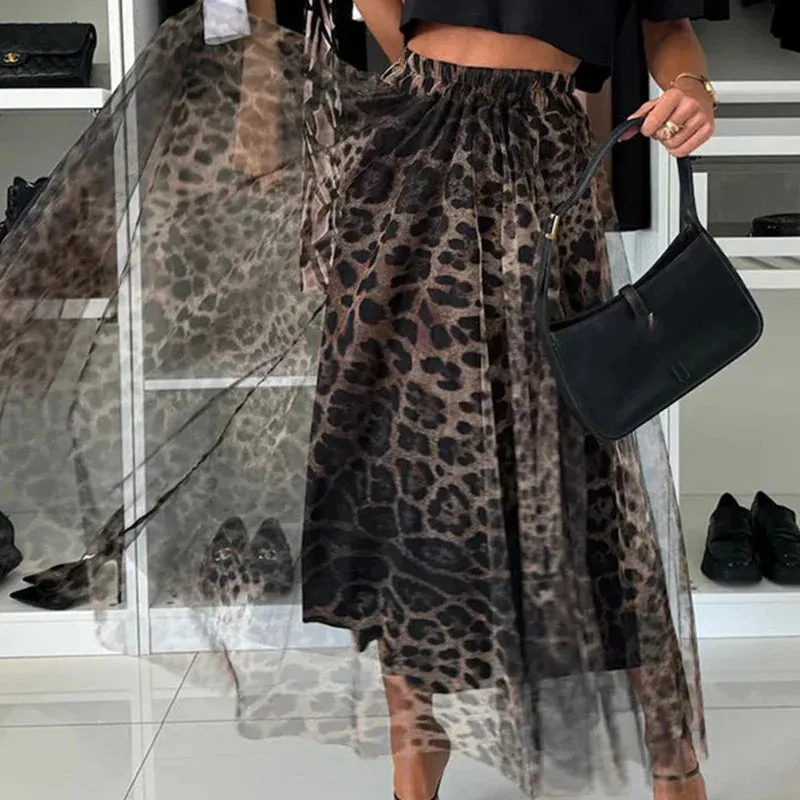binfenxie  -  Women's Fashion Club Party Slim Half Skirts New Autumn Leopard Print Pleated Skirts Elegant Elastic High Waist Mesh Long Skirt