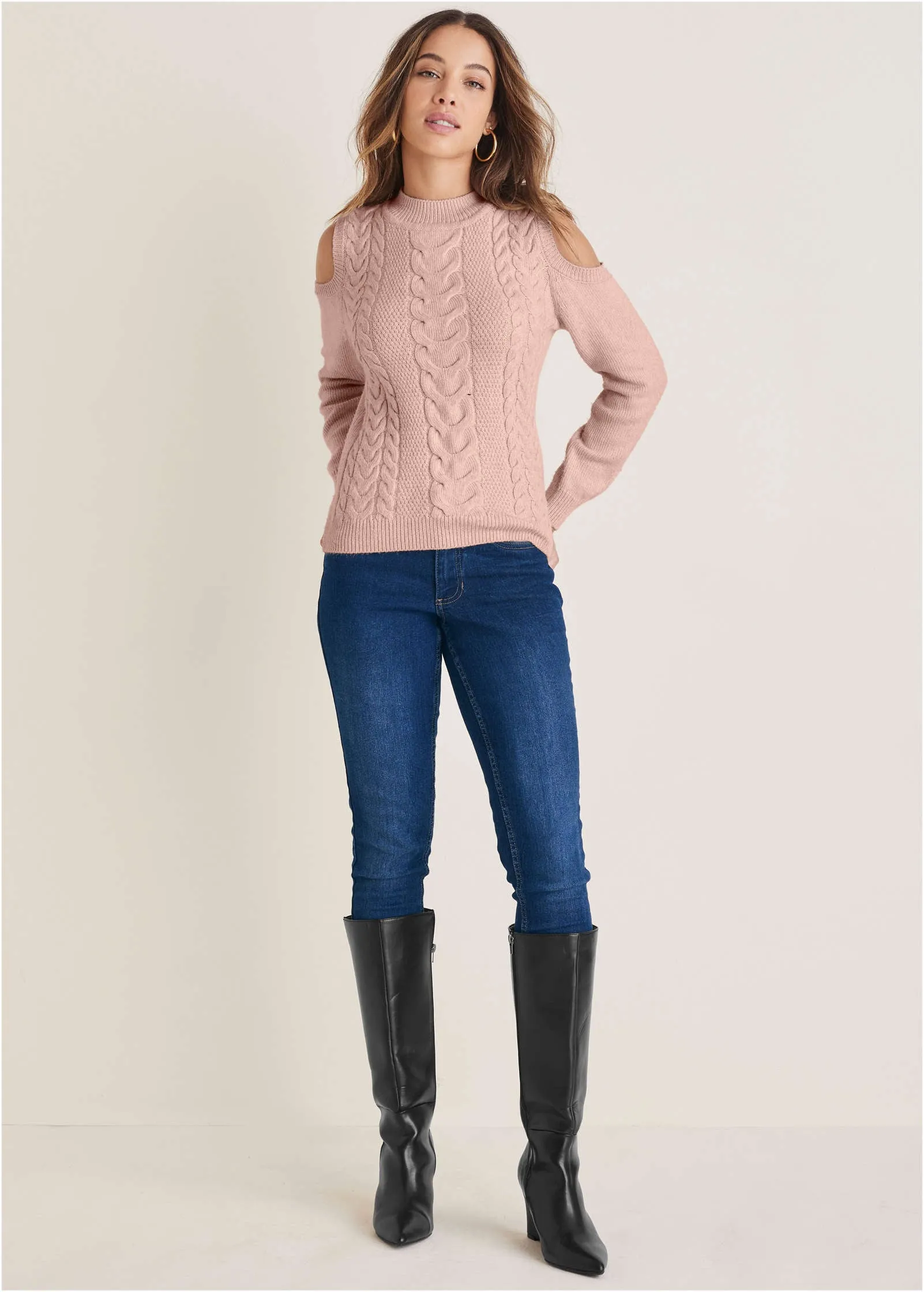Cable Cold Shoulder Sweater - Evening Sand