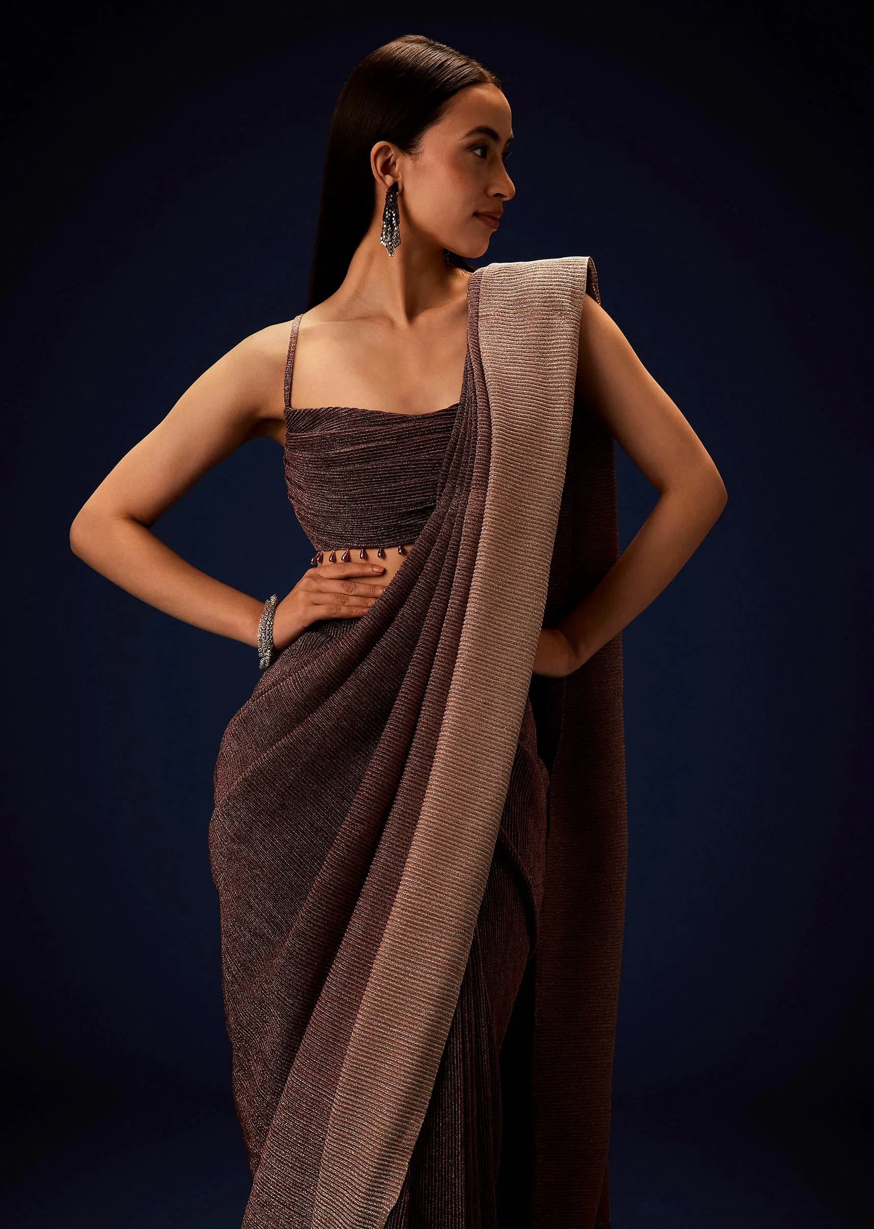 Champagne Brown Ready To Wear Saree With Pleated Cowl Blouse