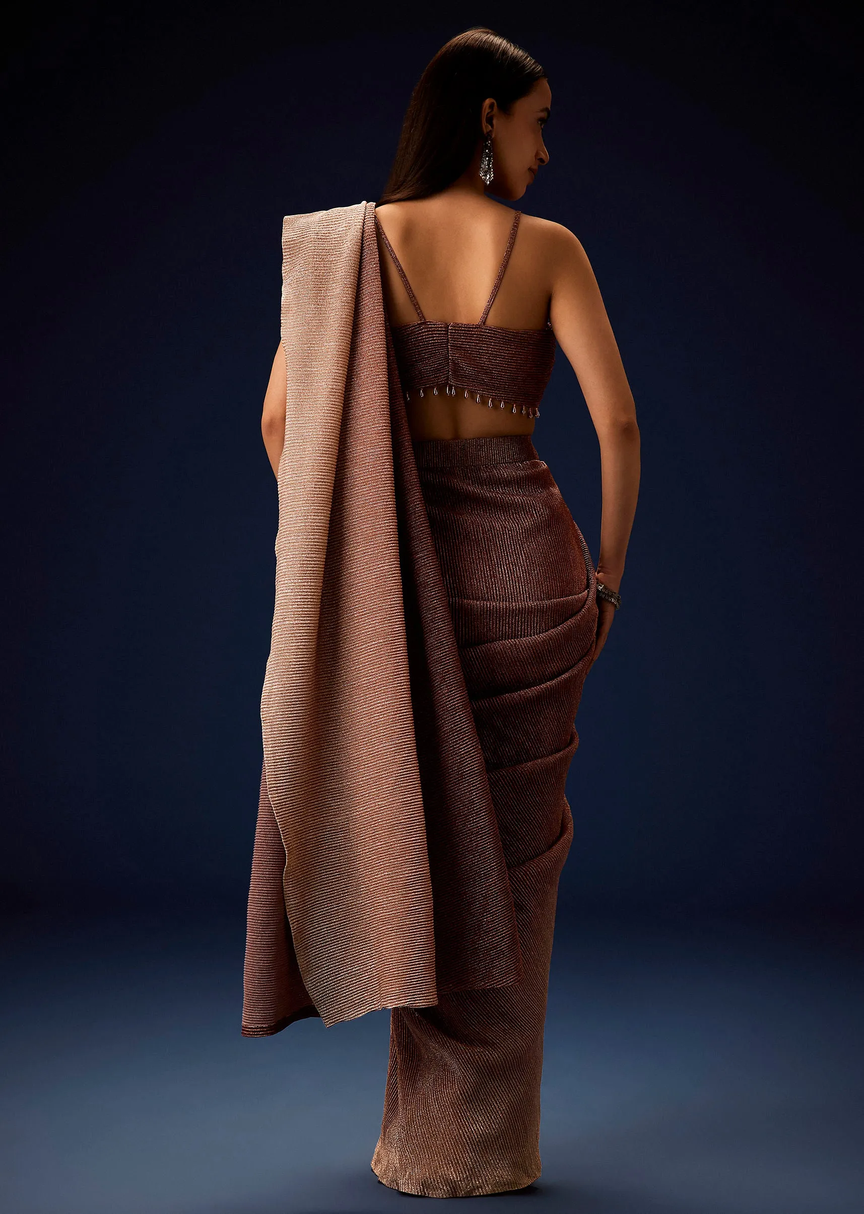 Champagne Brown Ready To Wear Saree With Pleated Cowl Blouse