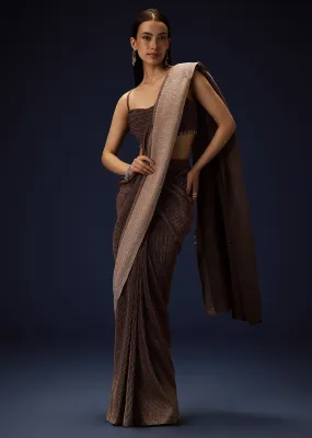 Champagne Brown Ready To Wear Saree With Pleated Cowl Blouse