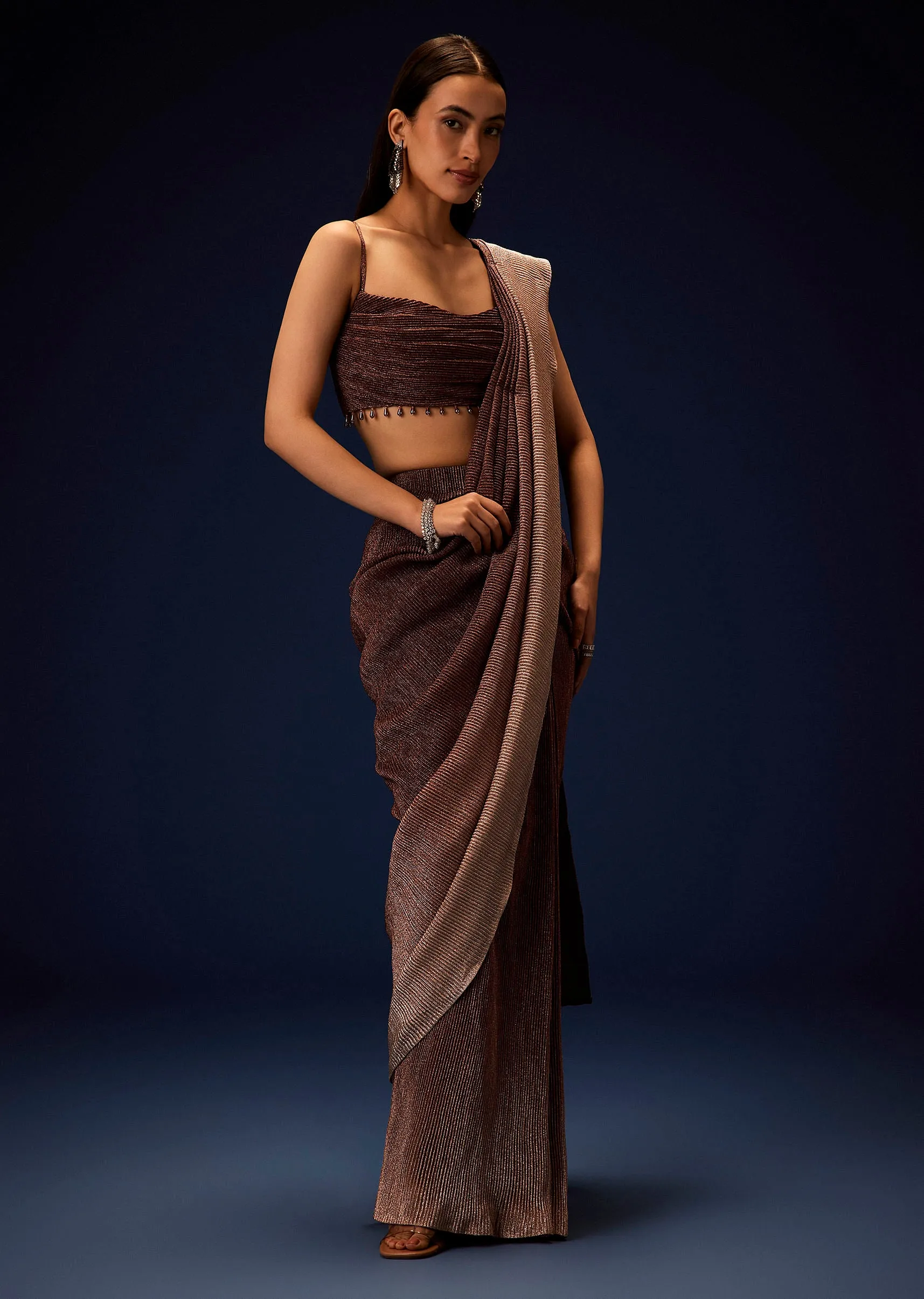 Champagne Brown Ready To Wear Saree With Pleated Cowl Blouse