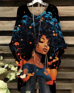 Chic Curly Art Portrait Print Casual Blouses
