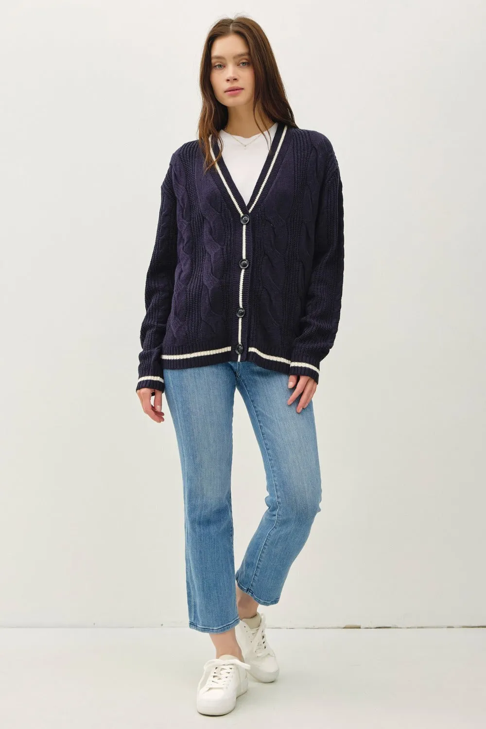 Contrast Trim Cable-Knit V-Neck Cardigan in Navy