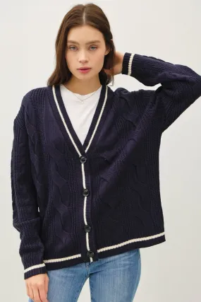 Contrast Trim Cable-Knit V-Neck Cardigan in Navy