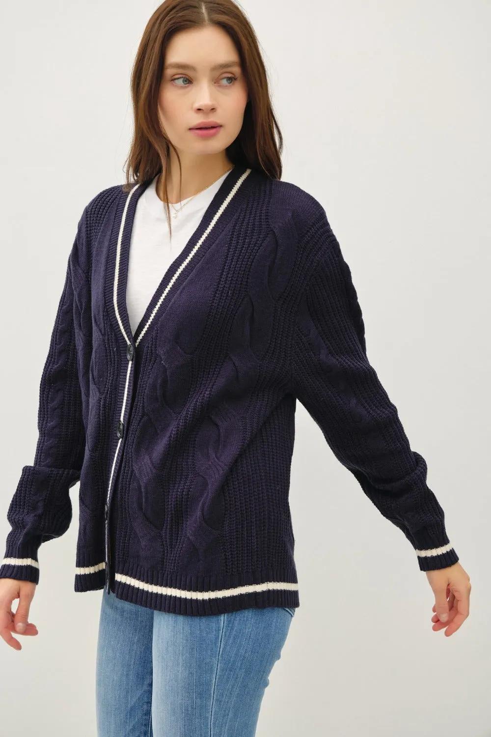 Contrast Trim Cable-Knit V-Neck Cardigan in Navy