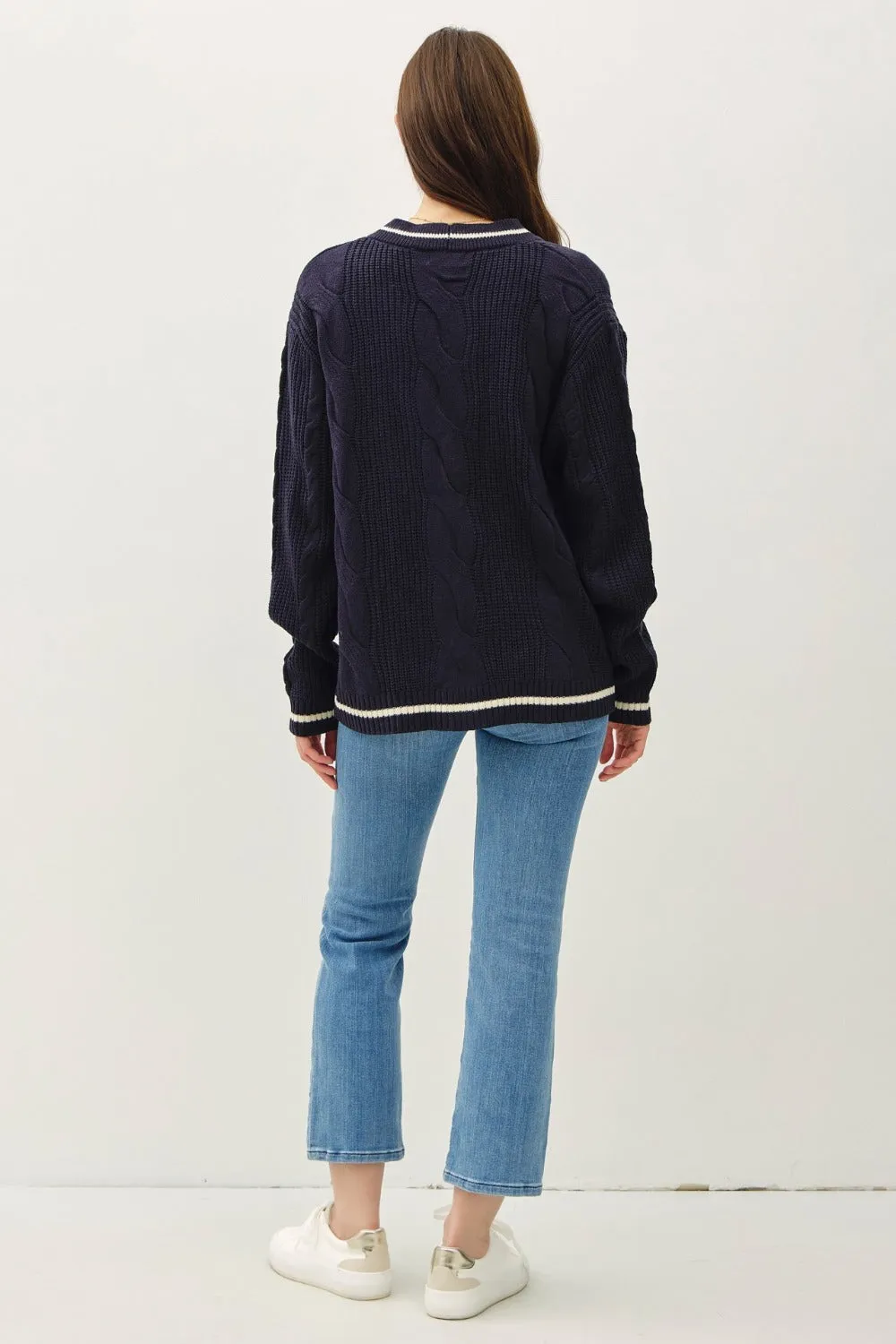 Contrast Trim Cable-Knit V-Neck Cardigan in Navy