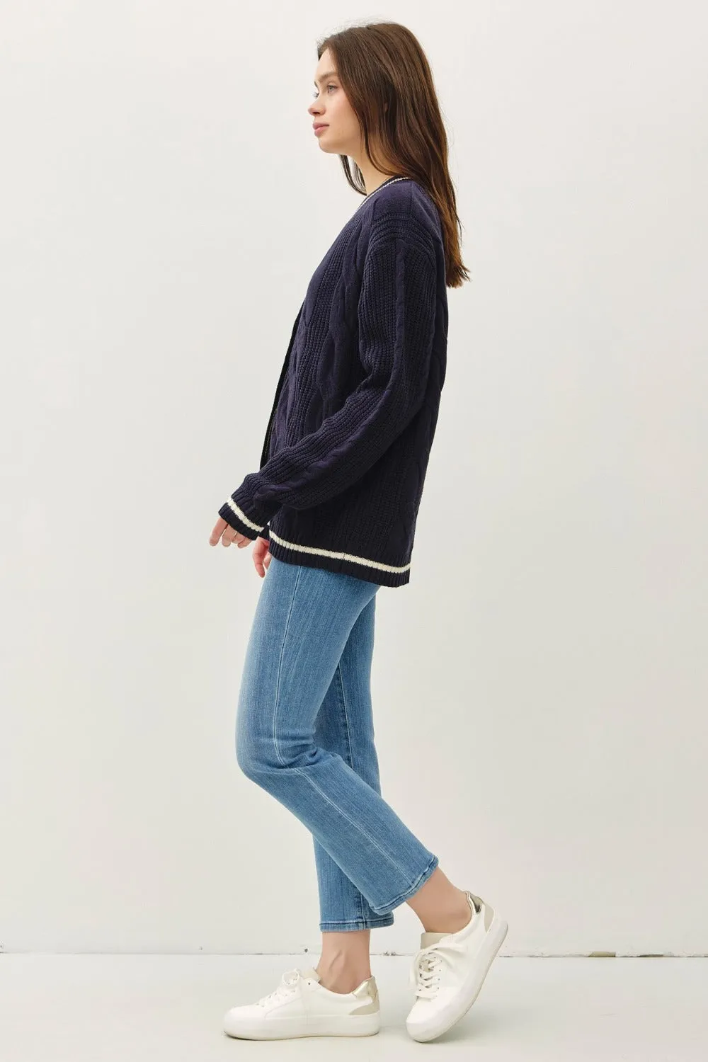 Contrast Trim Cable-Knit V-Neck Cardigan in Navy