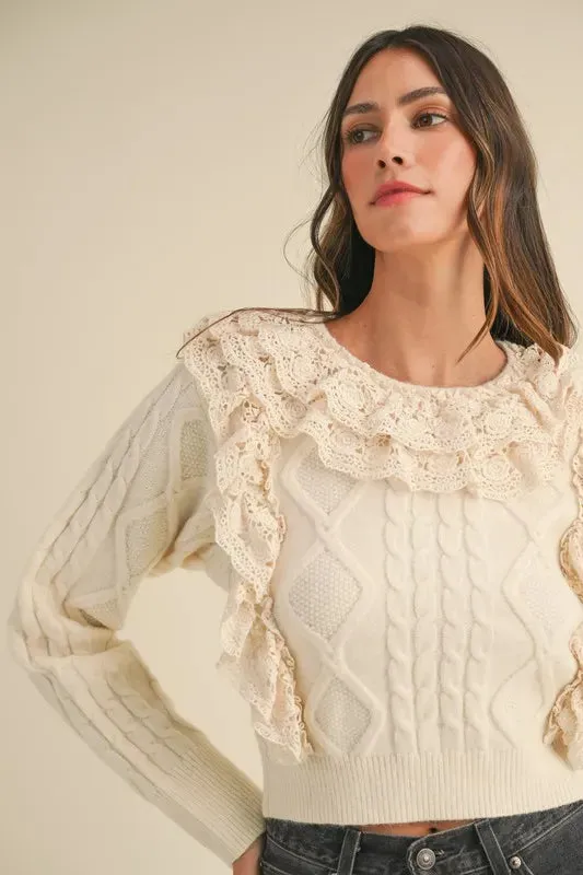 Cream Cable Knit Sweater with Lace Crochet Ruffle Detail