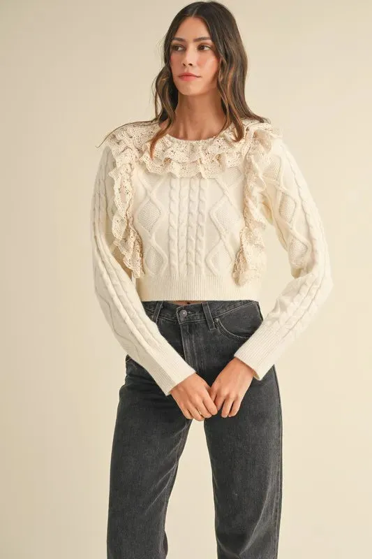 Cream Cable Knit Sweater with Lace Crochet Ruffle Detail