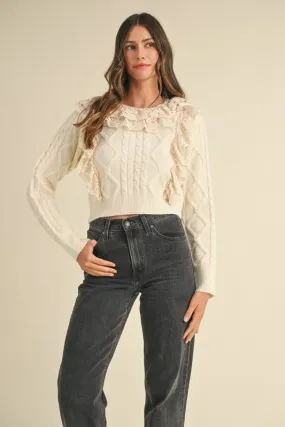 Cream Cable Knit Sweater with Lace Crochet Ruffle Detail