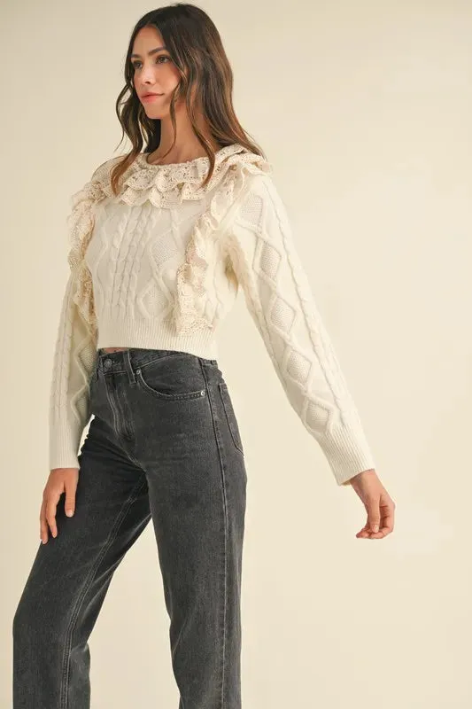 Cream Cable Knit Sweater with Lace Crochet Ruffle Detail