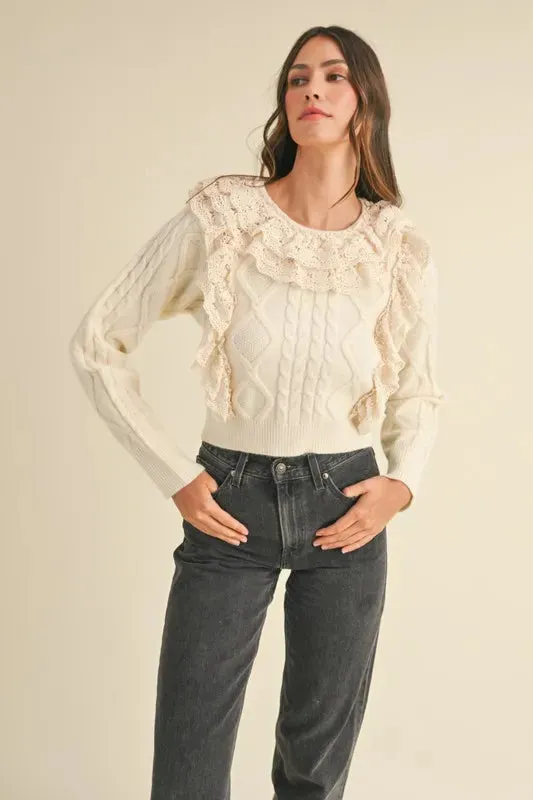 Cream Cable Knit Sweater with Lace Crochet Ruffle Detail
