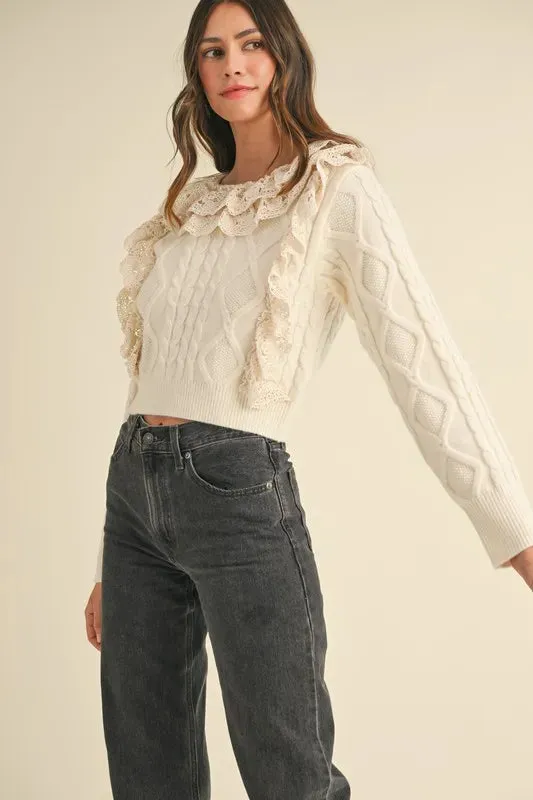 Cream Cable Knit Sweater with Lace Crochet Ruffle Detail