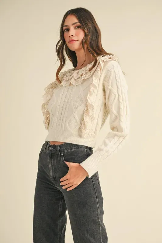 Cream Cable Knit Sweater with Lace Crochet Ruffle Detail