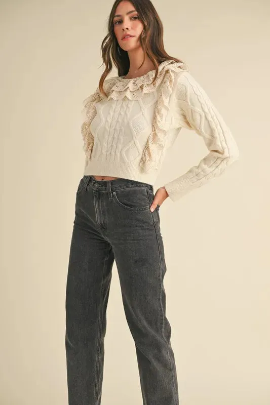 Cream Cable Knit Sweater with Lace Crochet Ruffle Detail