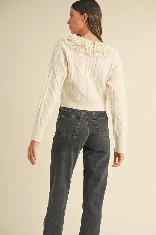 Cream Cable Knit Sweater with Lace Crochet Ruffle Detail