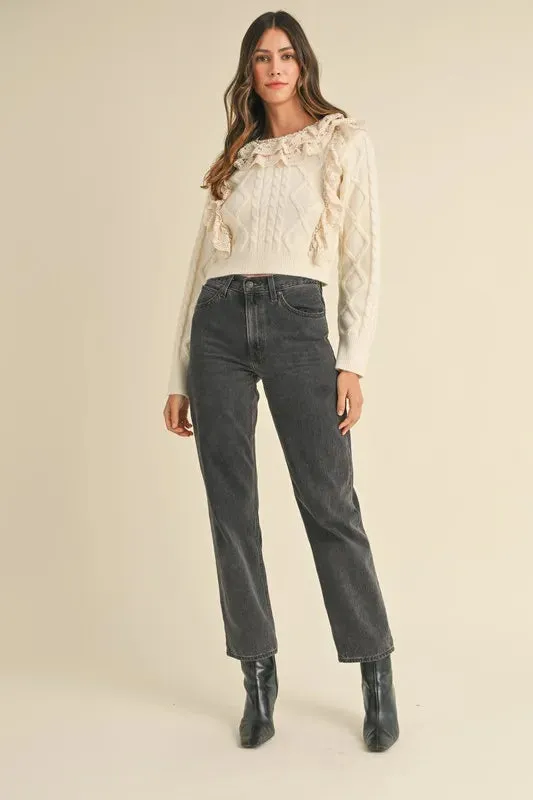 Cream Cable Knit Sweater with Lace Crochet Ruffle Detail