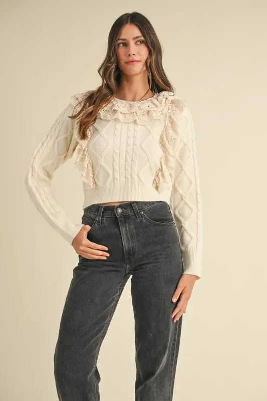 Cream Cable Knit Sweater with Lace Crochet Ruffle Detail