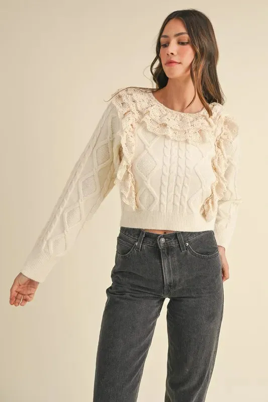 Cream Cable Knit Sweater with Lace Crochet Ruffle Detail